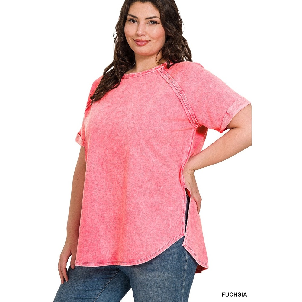 Zenana Pullover Top Women 1X Fuchsia NWT Acid Wash Terry Cuffed Sleeve